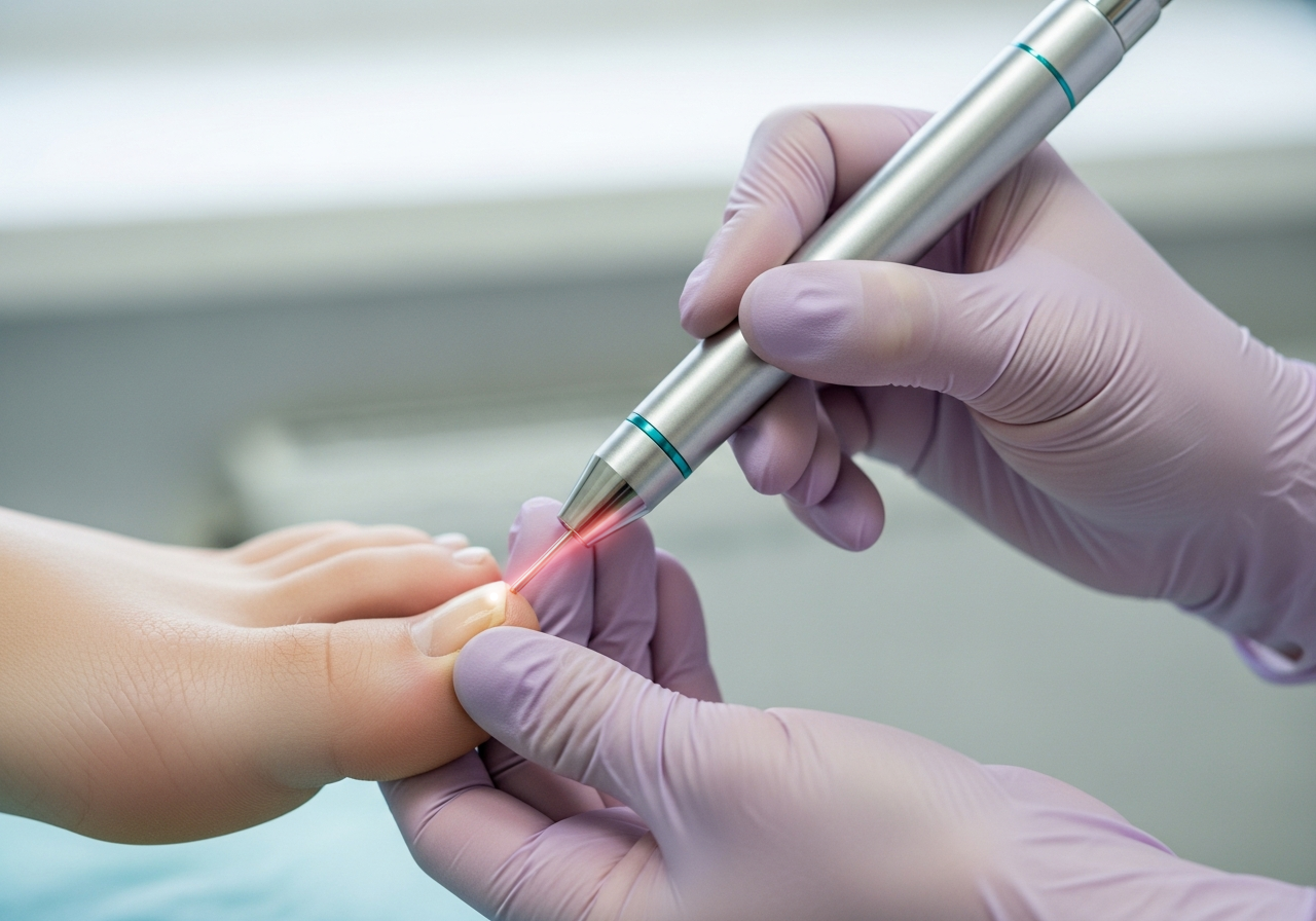 CO₂-Laserstift bei der präzisen Behandlung der Nagelfalz eines Zehennagels in der Facharztpraxis Nagelneu Laser Frankfurt